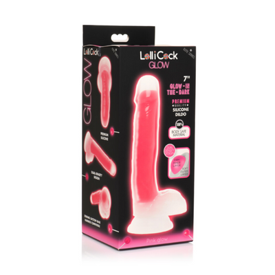 LolliCock 7" Glow In The Dark Silicone Dildo w/ Balls Pink - One Stop Adult Shop