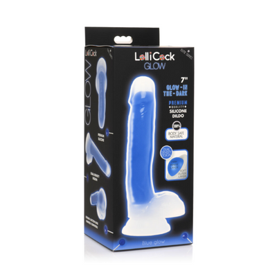 LolliCock 7" Glow In The Dark Silicone Dildo w/ Balls Blue - One Stop Adult Shop