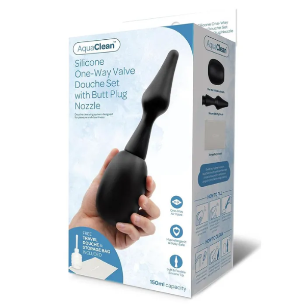 AquaClean Silicone 1-Way Valve Douche Set with Butt Plug Nozzle - OSAS