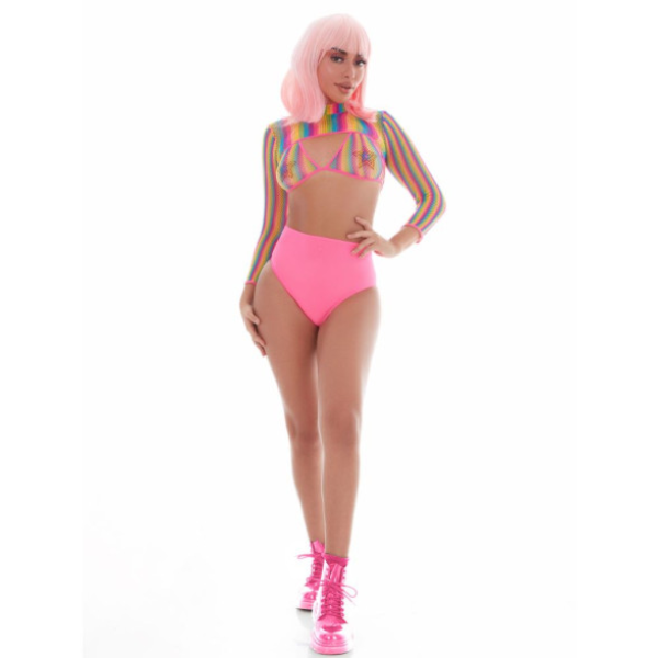 Rainbow Shrug Bikini Top Hot Pants Net Set incl Pasties - OSAS