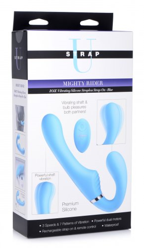 Strap U 10X Mighty Rider Vibrating Silicone Strapless Strap-on Blue - One Stop Adult Shop