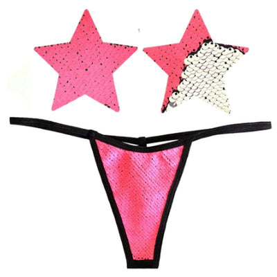 Bitchin Neon Pink and Silver Blacklight Sequin Pastie and Panty Set - One Stop Adult Shop