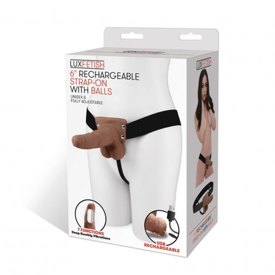 Lux Fetish 6" Rechargeable Strap-on With Balls - Brown - One Stop Adult Shop