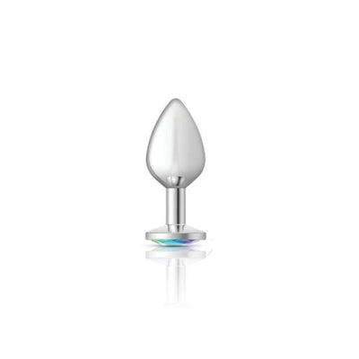 Cheeky Charms Silver Round Butt Plug w Clear Iridescent Jewel Medium - One Stop Adult Shop