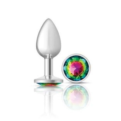 Cheeky Charms Silver Round Butt Plug w Rainbow Jewel Small - One Stop Adult Shop