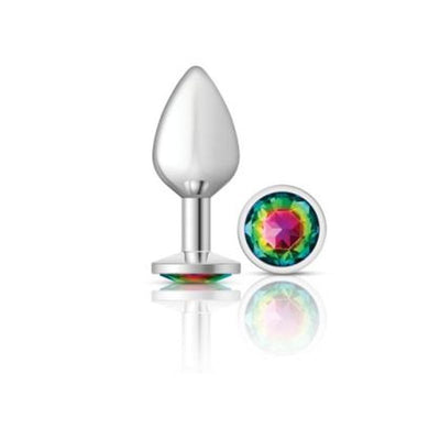 Cheeky Charms Silver Round Butt Plug w Rainbow Jewel Medium - One Stop Adult Shop