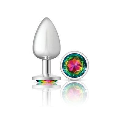 Cheeky Charms Silver Round Butt Plug w Rainbow Jewel Large - One Stop Adult Shop