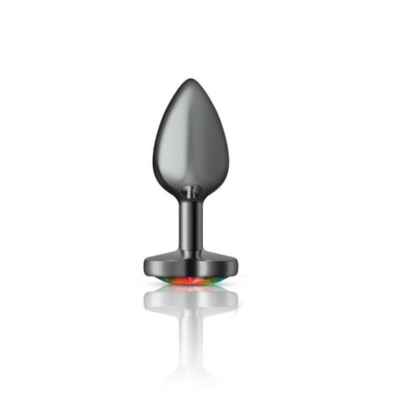 Cheeky Charms Gunmetal Butt Plug w Heart Rainbow Jewel Small - One Stop Adult Shop