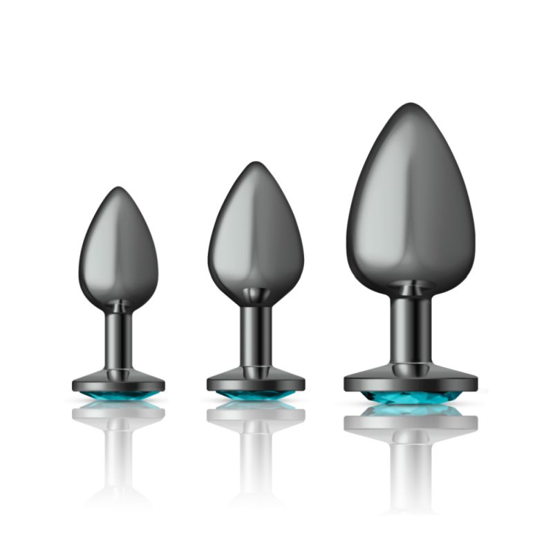 Cheeky Charms Round Metal Butt Plug Gunmetal 3 Pc Kit w Teal Jewel - One Stop Adult Shop