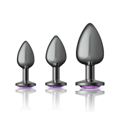 Cheeky Charms Round Metal Butt Plug Gunmetal 3 Pc Kit w Purple Jewel - One Stop Adult Shop