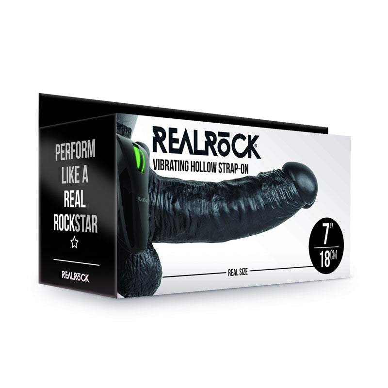 REALROCK Vibrating Hollow Strapon + Balls - 18cm Black - One Stop Adult Shop