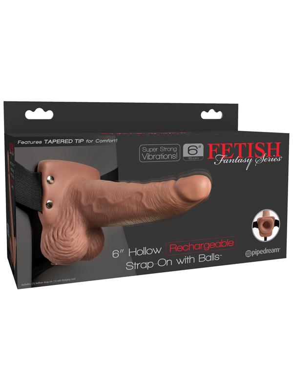 Fetish Fantasy 6in Hollow Rechargeable Strap-On w Balls Tan