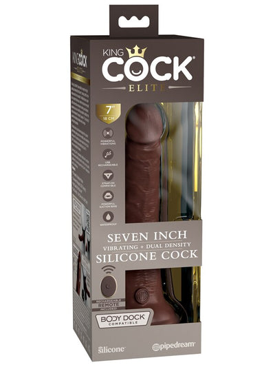 King Cock Elite 7in Vibrating Silicone Dual Density Cock w Remote Brown