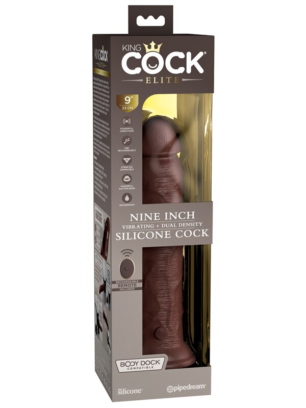 King Cock Elite 9in Vibrating Silicone Dual Density Cock w Remote Brown