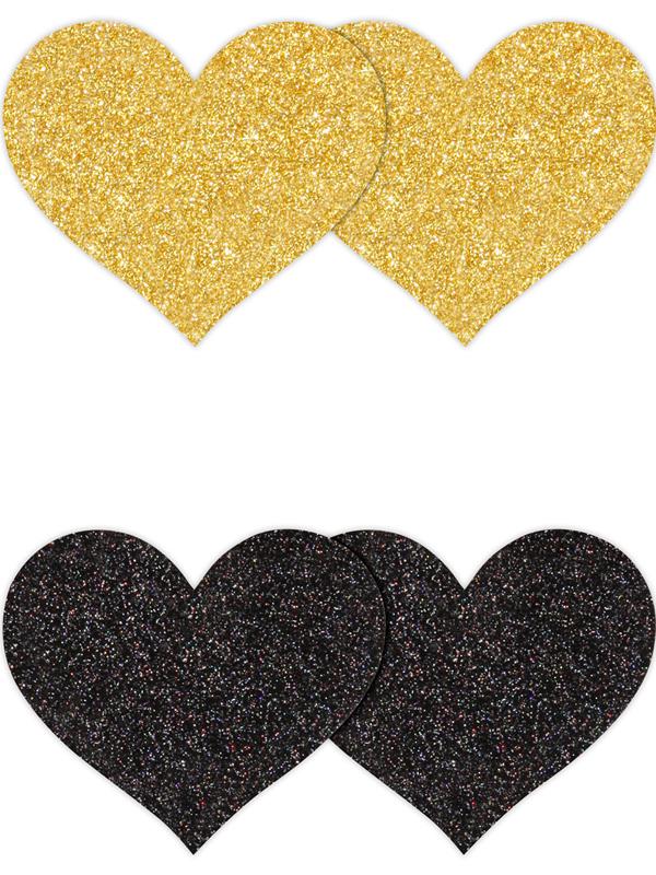 Pretty Pasties Glitter Hearts Black/Gold 2 Pair