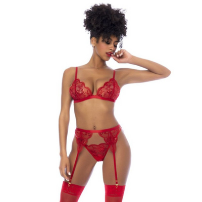 Red 3pc Set w/ Bralette, Garter Belt & Thong L/XL - OSAS