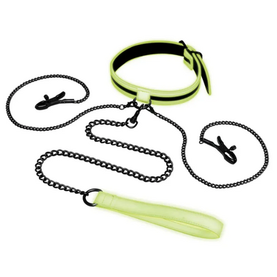 WhipSmart Glow In The Dark Collar with Nipple Clips & Leash - OSAS