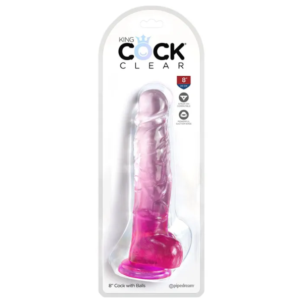 King Cock Clear 8in Cock with Balls Pink