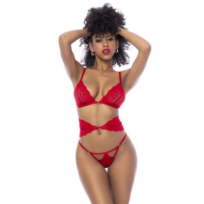 Red 3pc Set w Bra Panties & Flexible Corset S/M