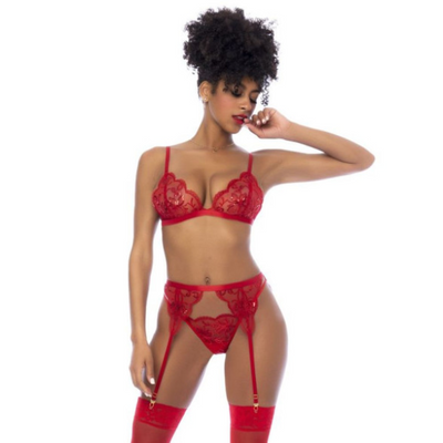 Red 3pc Set w Bralette Garter Belt & Thong L/XL