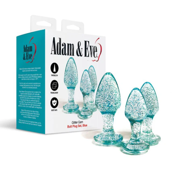 Adam & Eve Glitter Gem 3-Piece Butt Plug Set Blue - One Stop Adult Shop