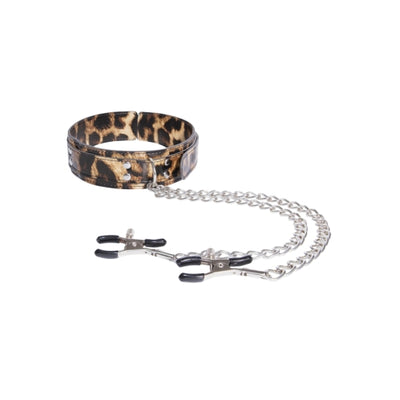 Leopard PU Collar with Nipple Clamps - OSAS