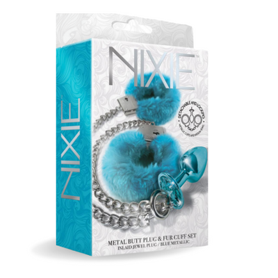 NIXIE Metal Butt Plug & Cuff Set Metallic Blue - One Stop Adult Shop
