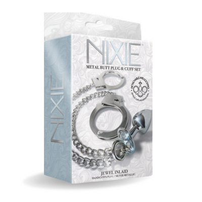 NIXIE Metal Butt Plug & Cuff Set Metallic Silver - One Stop Adult Shop