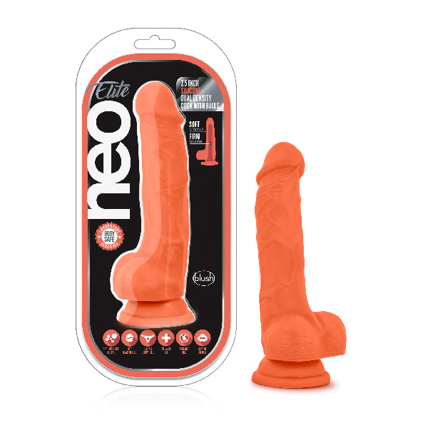 Neo Elite 7.5in Silicone Dual Density Cock with Balls Neon Orange - One Stop Adult Shop