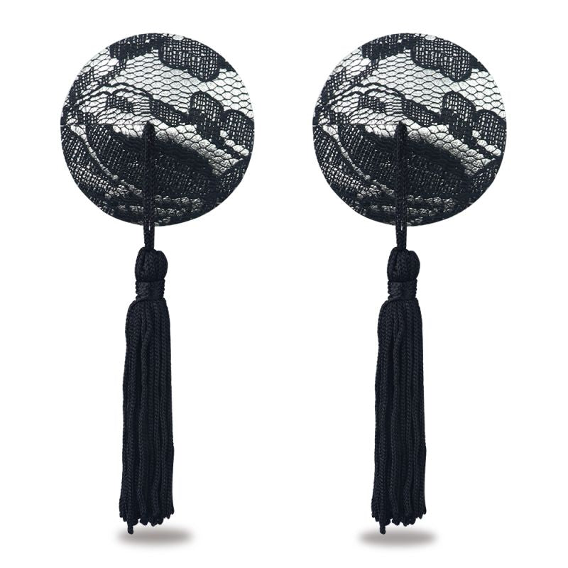 Reusable Black Lace Round Tassel Nipple Pasties - One Stop Adult Shop