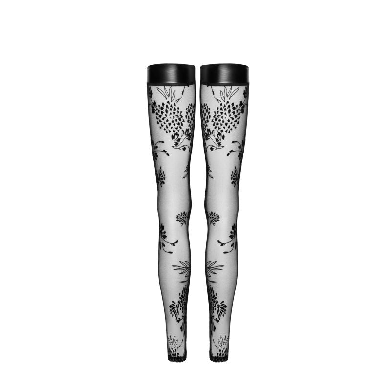 Tulle Stockings w Patterned Flock Embroidery & Power Wetlook Band - One Stop Adult Shop