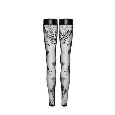 Tulle Stockings w Patterned Flock Embroidery & Power Wetlook Band - One Stop Adult Shop