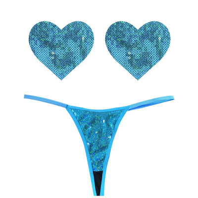 Mahi Mahi Blue Sequin G-String & Heart Pastie Set - One Stop Adult Shop