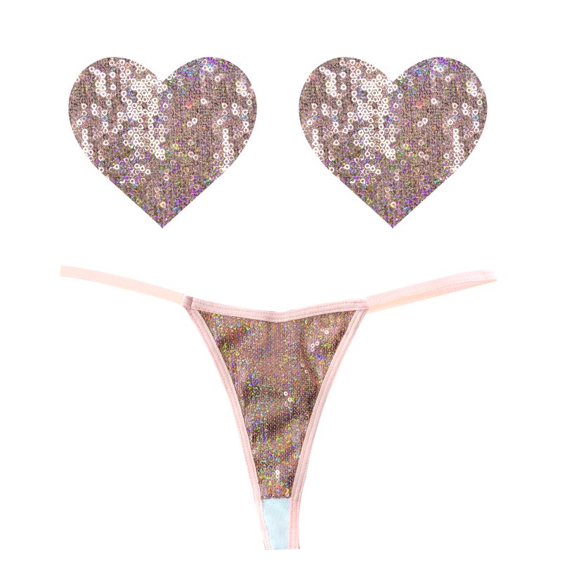 Bubbly Feels Nude Sequin Pantie & Heart Pastie Set - One Stop Adult Shop