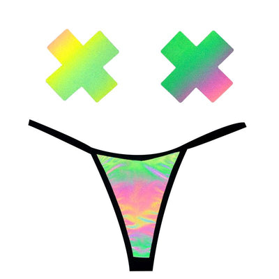 Rainbow Reflective G-String  & X Pastie Set - One Stop Adult Shop