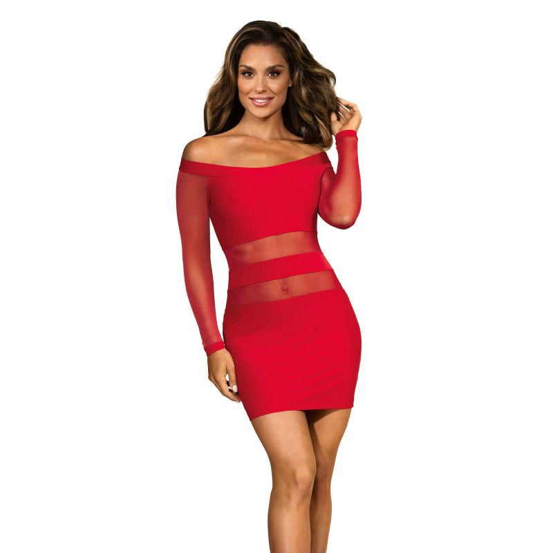 Off The Shoulder Mesh Panel Dress Red - One Stop Adult Shop