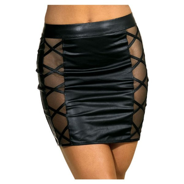 Stretch Wetlook Mesh Criss Cross Skirt Black - One Stop Adult Shop