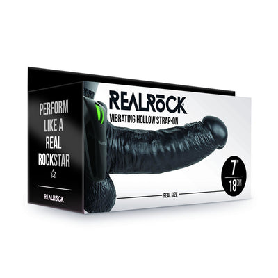 REALROCK Vibrating Hollow Strapon + Balls - 18cm Black - One Stop Adult Shop