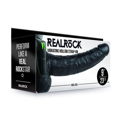 REALROCK Vibrating Hollow Strapon + Balls - 23cm Black - One Stop Adult Shop